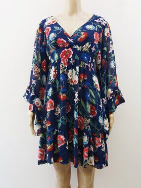 Betsey Johnson Bambi Garden Floral Mini Flowy Wide Bell Sleeves Babudoll Dress 8